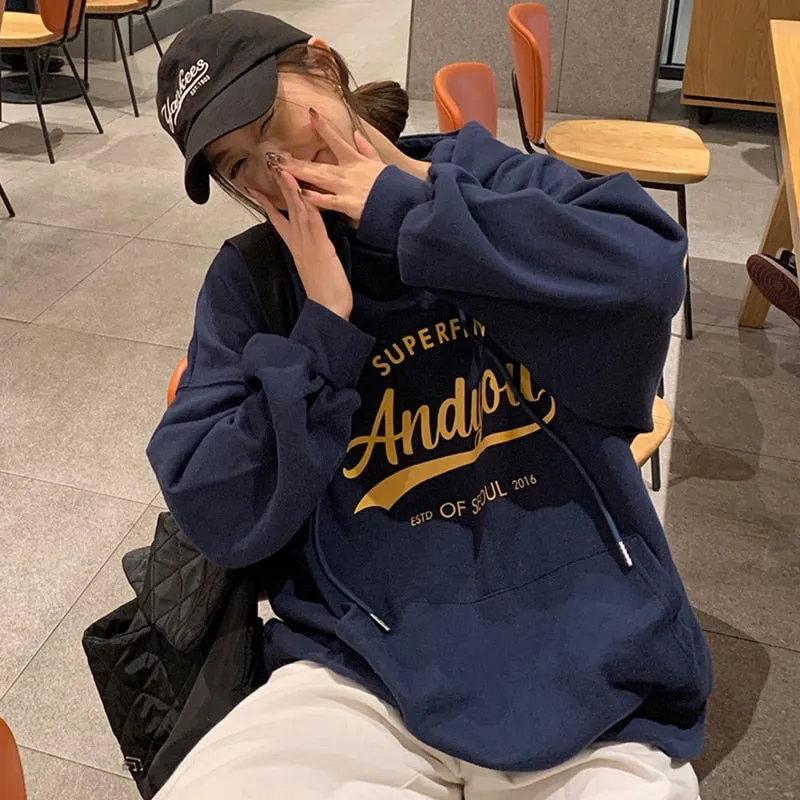 Wjczt College Harajuku Grey Fleece Baggy Pullover Fashio Printing Sweatshirt Casual Lazy Wind Raglan Sleeves Drawstring Hoodie Autumn
