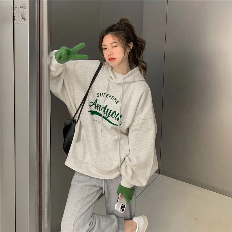 Wjczt College Harajuku Grey Fleece Baggy Pullover Fashio Printing Sweatshirt Casual Lazy Wind Raglan Sleeves Drawstring Hoodie Autumn