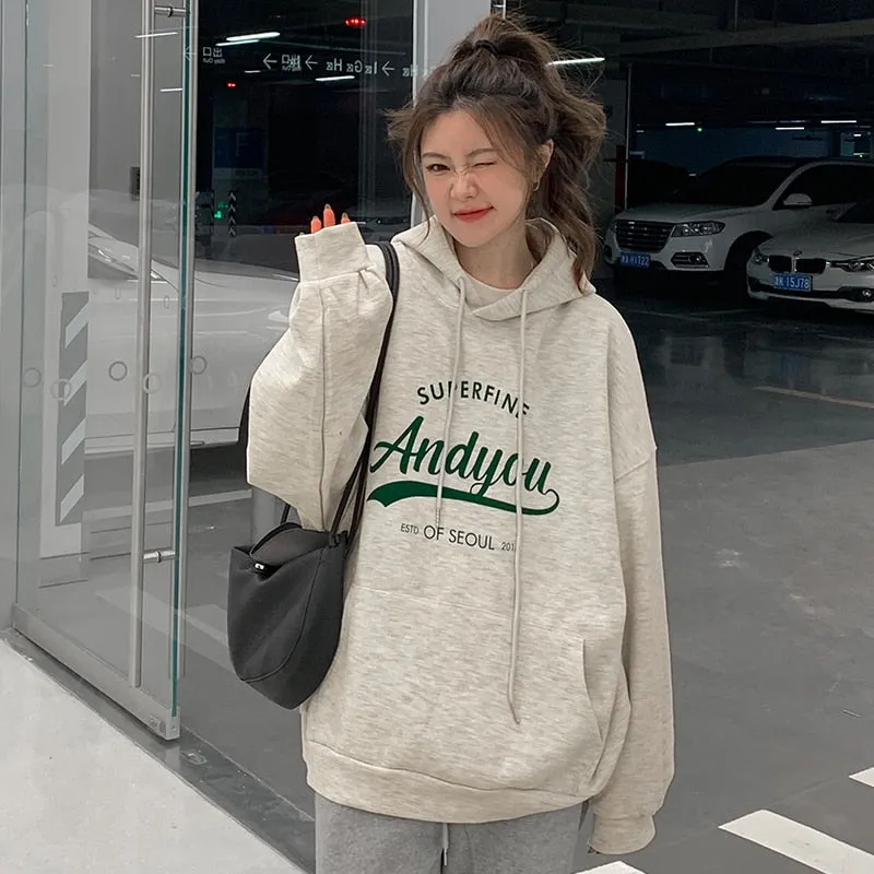 Wjczt College Harajuku Grey Fleece Baggy Pullover Fashio Printing Sweatshirt Casual Lazy Wind Raglan Sleeves Drawstring Hoodie Autumn