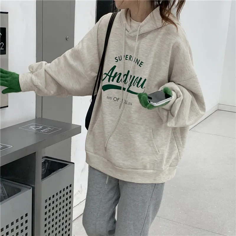 Wjczt College Harajuku Grey Fleece Baggy Pullover Fashio Printing Sweatshirt Casual Lazy Wind Raglan Sleeves Drawstring Hoodie Autumn