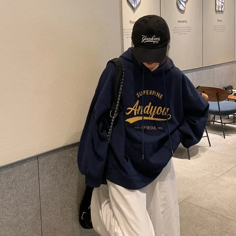 Wjczt College Harajuku Grey Fleece Baggy Pullover Fashio Printing Sweatshirt Casual Lazy Wind Raglan Sleeves Drawstring Hoodie Autumn