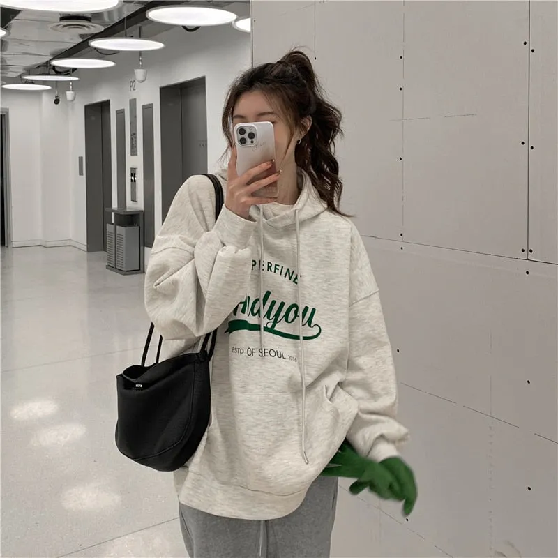 Wjczt College Harajuku Grey Fleece Baggy Pullover Fashio Printing Sweatshirt Casual Lazy Wind Raglan Sleeves Drawstring Hoodie Autumn