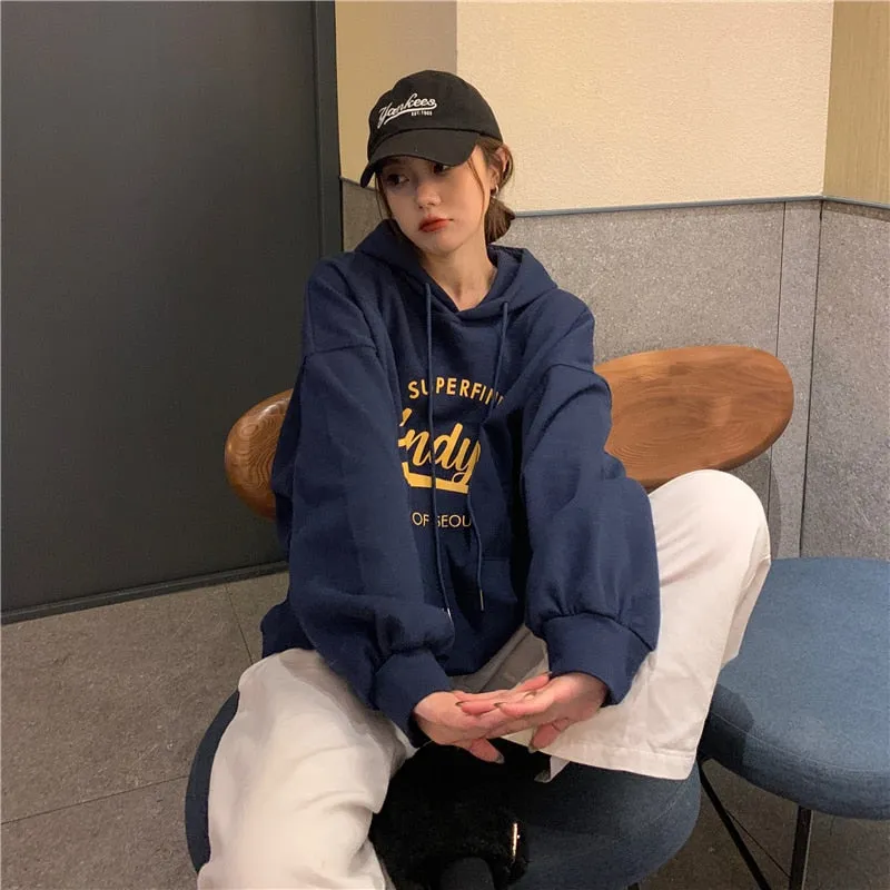 Wjczt College Harajuku Grey Fleece Baggy Pullover Fashio Printing Sweatshirt Casual Lazy Wind Raglan Sleeves Drawstring Hoodie Autumn