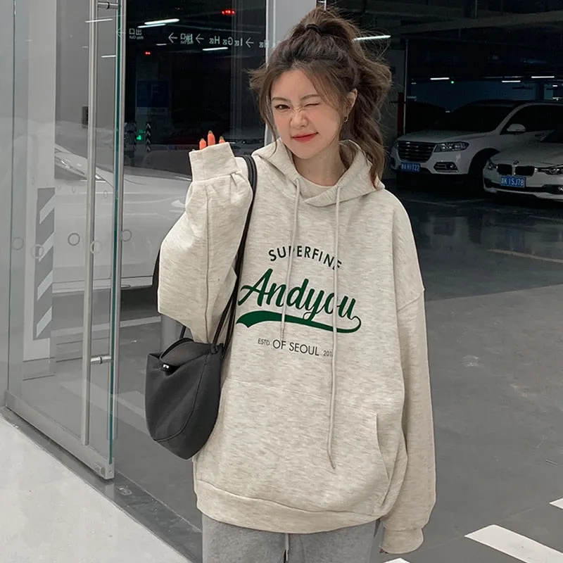 Wjczt College Harajuku Grey Fleece Baggy Pullover Fashio Printing Sweatshirt Casual Lazy Wind Raglan Sleeves Drawstring Hoodie Autumn