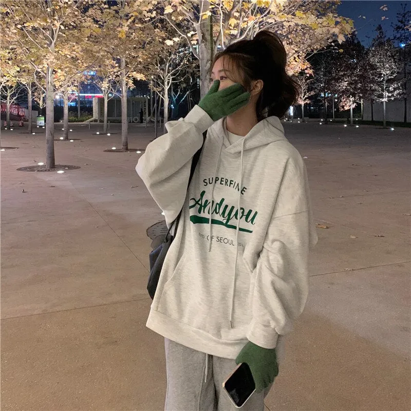 Wjczt College Harajuku Grey Fleece Baggy Pullover Fashio Printing Sweatshirt Casual Lazy Wind Raglan Sleeves Drawstring Hoodie Autumn