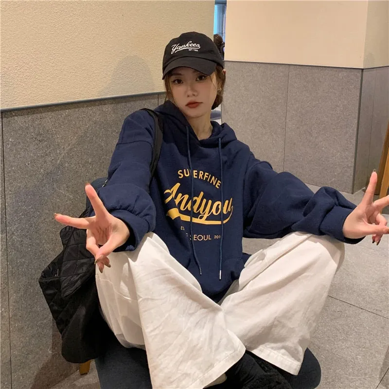 Wjczt College Harajuku Grey Fleece Baggy Pullover Fashio Printing Sweatshirt Casual Lazy Wind Raglan Sleeves Drawstring Hoodie Autumn