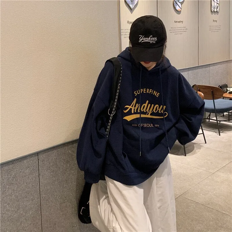 Wjczt College Harajuku Grey Fleece Baggy Pullover Fashio Printing Sweatshirt Casual Lazy Wind Raglan Sleeves Drawstring Hoodie Autumn