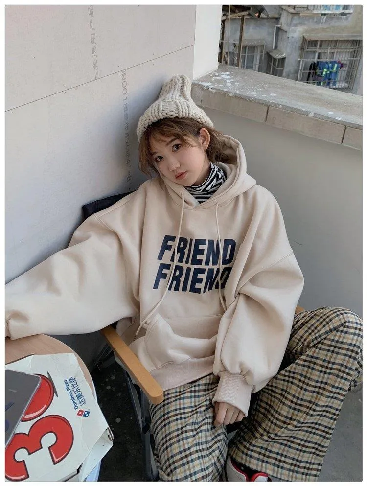 Wjczt Fashion Grey Hoodie Fleece Sweatshirt Long Sleeve Korean Casual Letter Printing Vintage Baggy Female Tops Pullover Hoodie Autumn