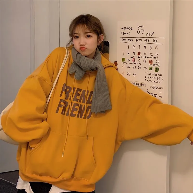 Wjczt Fashion Grey Hoodie Fleece Sweatshirt Long Sleeve Korean Casual Letter Printing Vintage Baggy Female Tops Pullover Hoodie Autumn