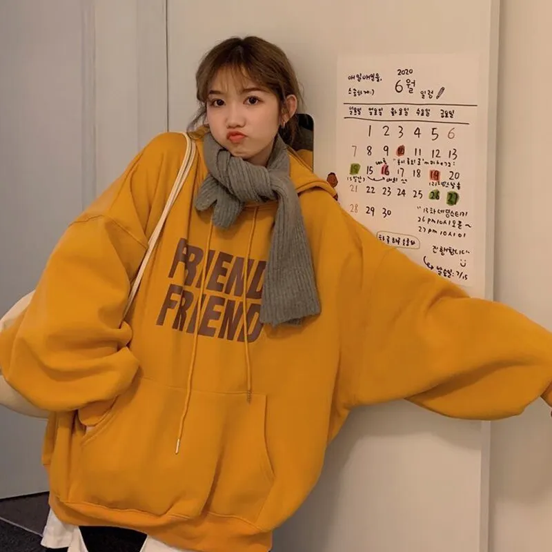 Wjczt Fashion Grey Hoodie Fleece Sweatshirt Long Sleeve Korean Casual Letter Printing Vintage Baggy Female Tops Pullover Hoodie Autumn