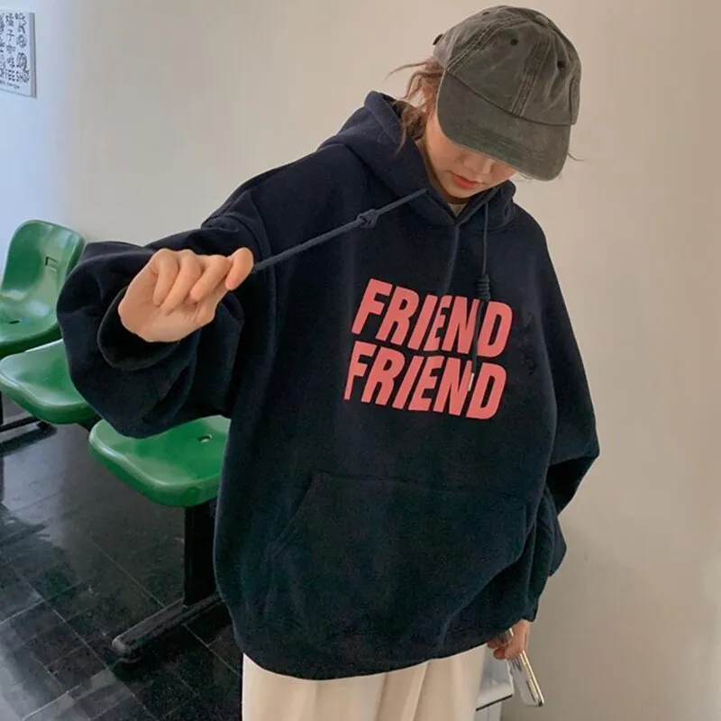Wjczt Fashion Grey Hoodie Fleece Sweatshirt Long Sleeve Korean Casual Letter Printing Vintage Baggy Female Tops Pullover Hoodie Autumn
