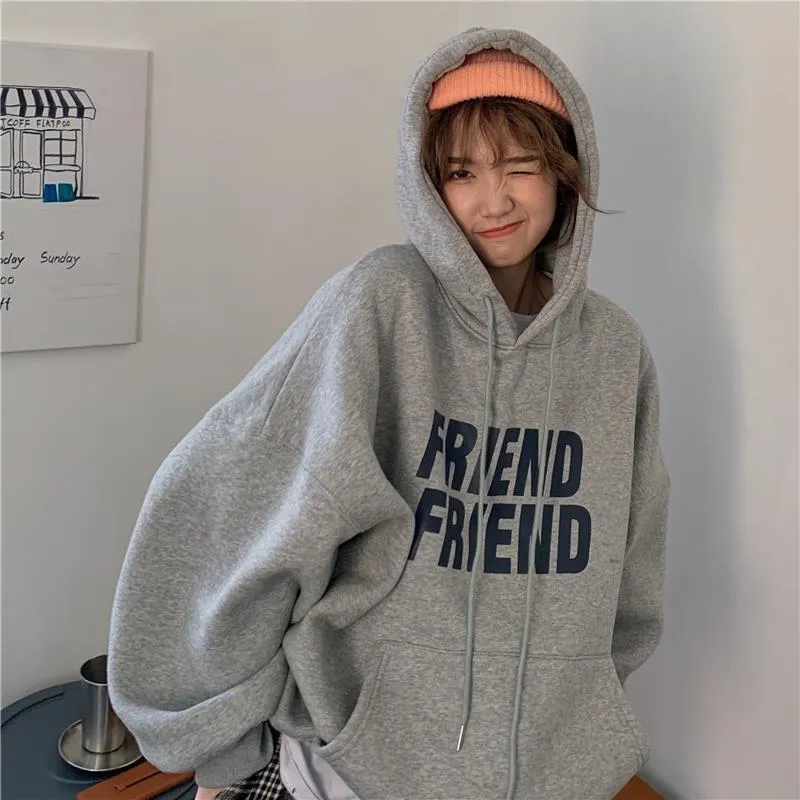 Wjczt Fashion Grey Hoodie Fleece Sweatshirt Long Sleeve Korean Casual Letter Printing Vintage Baggy Female Tops Pullover Hoodie Autumn