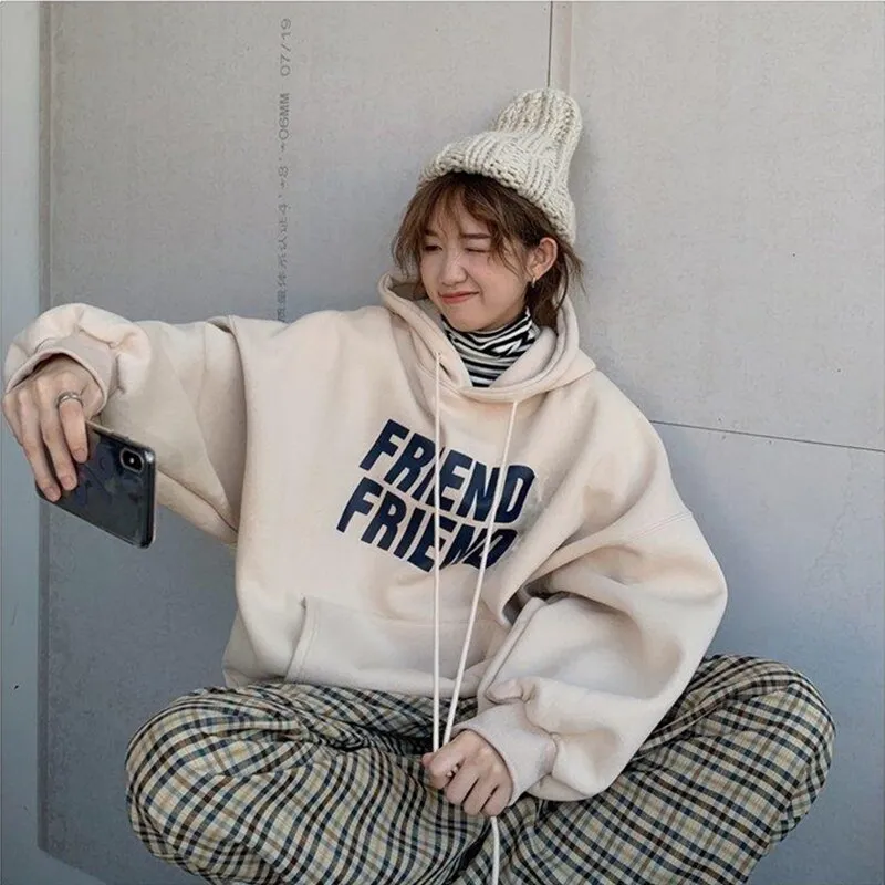 Wjczt Fashion Grey Hoodie Fleece Sweatshirt Long Sleeve Korean Casual Letter Printing Vintage Baggy Female Tops Pullover Hoodie Autumn