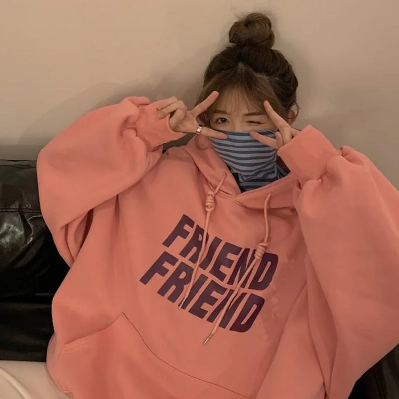 Wjczt Fashion Grey Hoodie Fleece Sweatshirt Long Sleeve Korean Casual Letter Printing Vintage Baggy Female Tops Pullover Hoodie Autumn