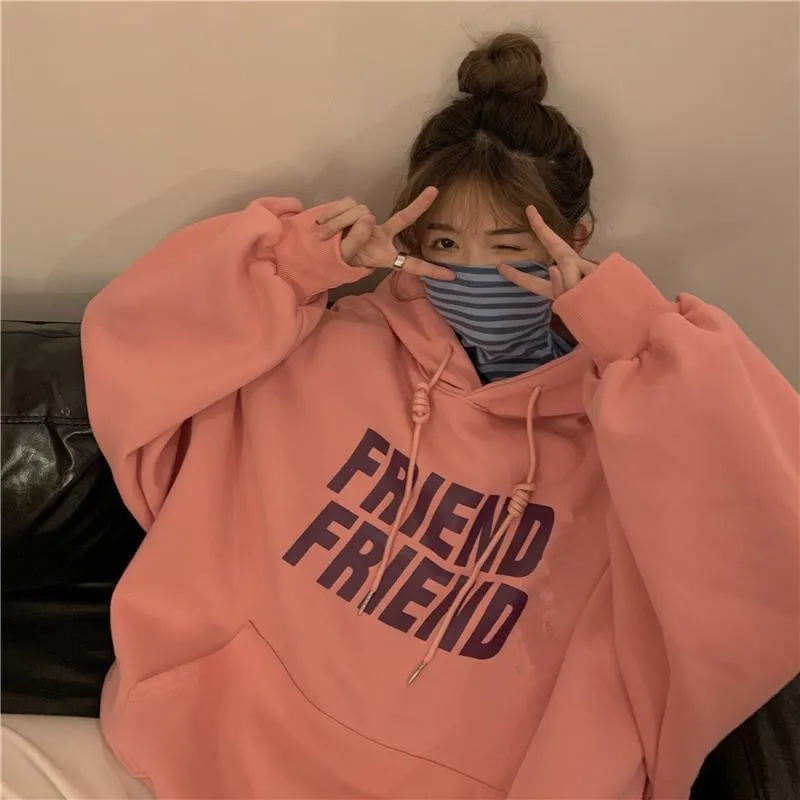 Wjczt Fashion Grey Hoodie Fleece Sweatshirt Long Sleeve Korean Casual Letter Printing Vintage Baggy Female Tops Pullover Hoodie Autumn