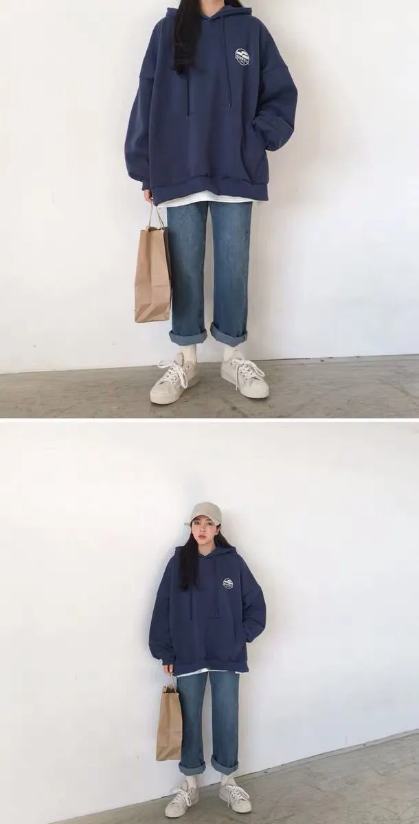 Wjczt Harajuku Dark Blue Winter Clothing Vintage Loose Pullover Fashion Letter Print Sweatshirt Lazy Casual Raglan Sleeves Hoodie Top