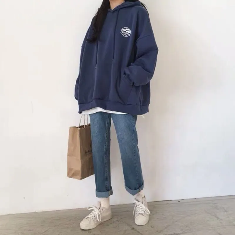 Wjczt Harajuku Dark Blue Winter Clothing Vintage Loose Pullover Fashion Letter Print Sweatshirt Lazy Casual Raglan Sleeves Hoodie Top
