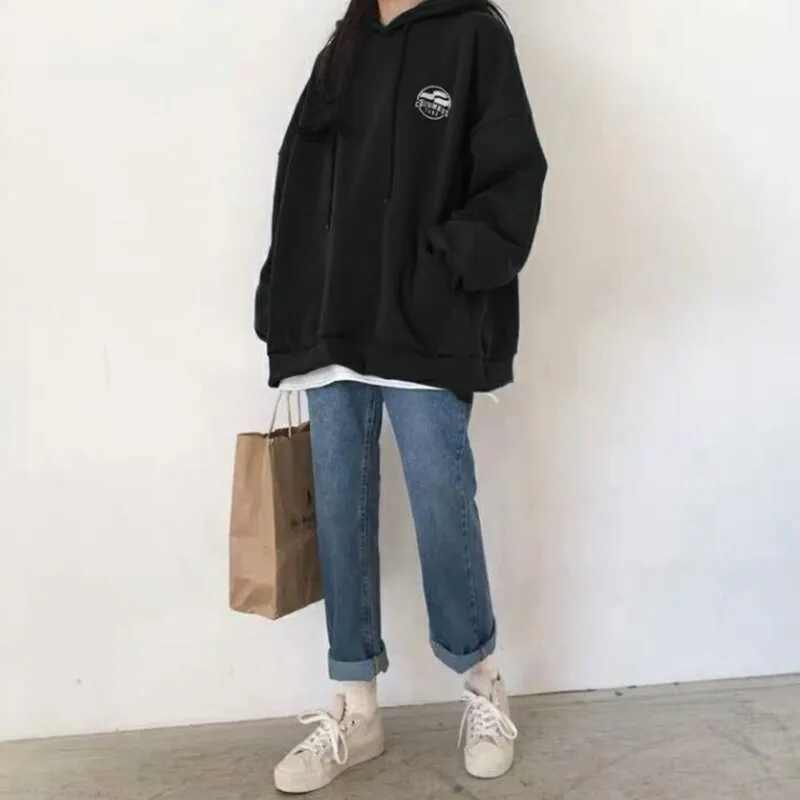 Wjczt Harajuku Dark Blue Winter Clothing Vintage Loose Pullover Fashion Letter Print Sweatshirt Lazy Casual Raglan Sleeves Hoodie Top