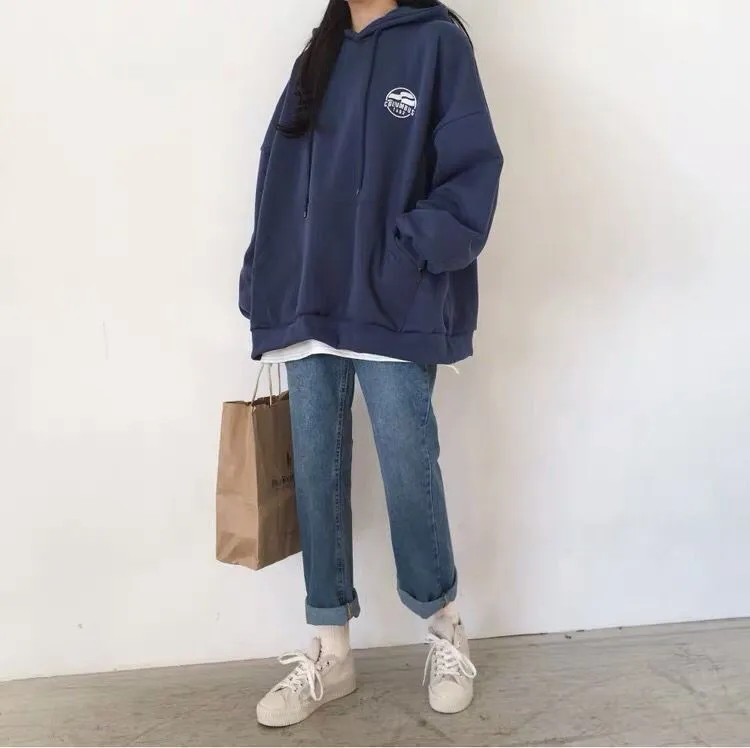 Wjczt Harajuku Dark Blue Winter Clothing Vintage Loose Pullover Fashion Letter Print Sweatshirt Lazy Casual Raglan Sleeves Hoodie Top