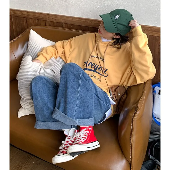 Wjczt Letter Printing Yellow Sweatshirt Women Hoodie Autumn TOPs Streetwear Harajuku Baggy Fashion Thickened Clothes Cotton Pullover